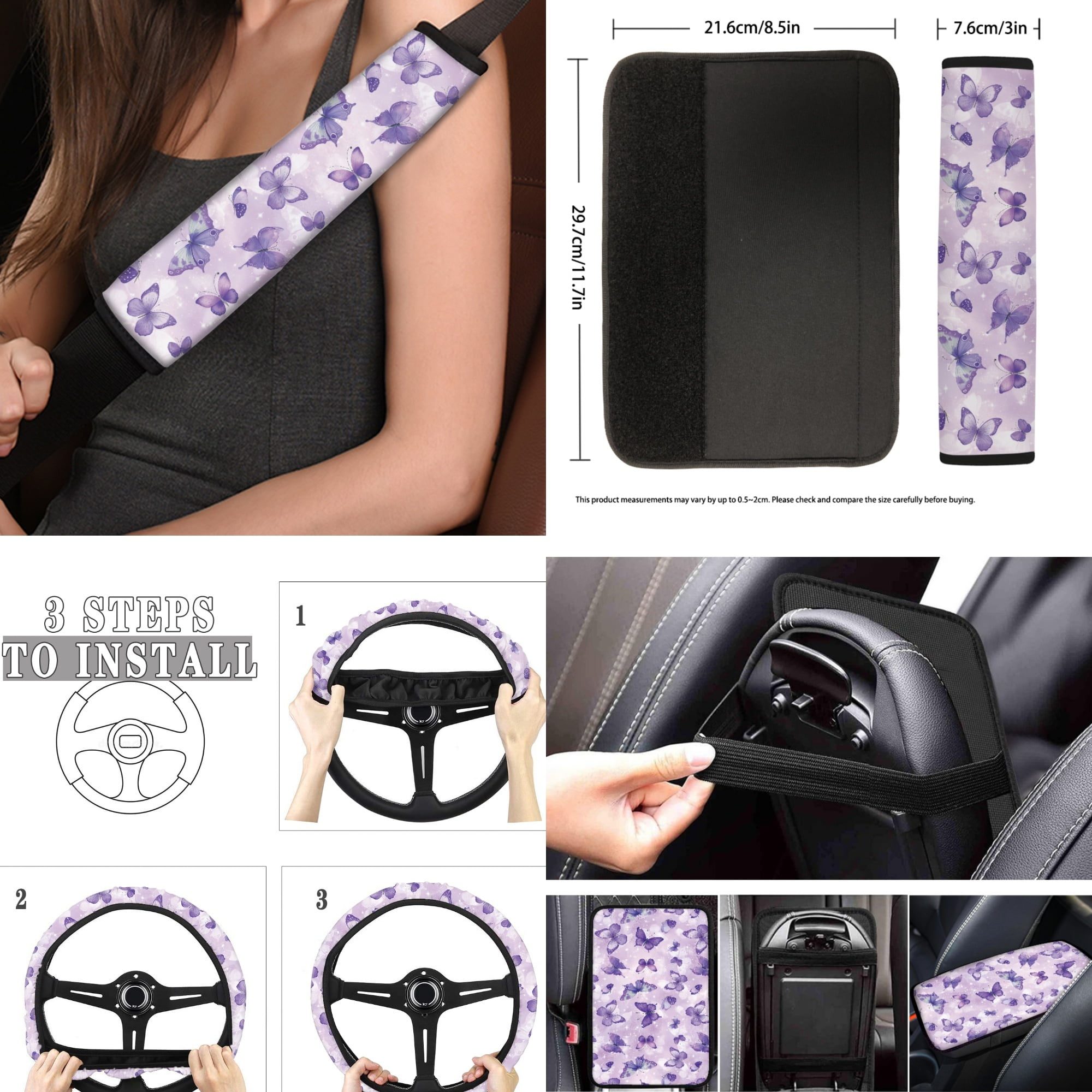 Jeiento Purple Butterfly Automotive Seat Covers Full Set for Women, 17 Pcs Car Interior Decorative Accessories Include Car Seat Covers Floor Mats Steering Wheel Cover Armrest Cover