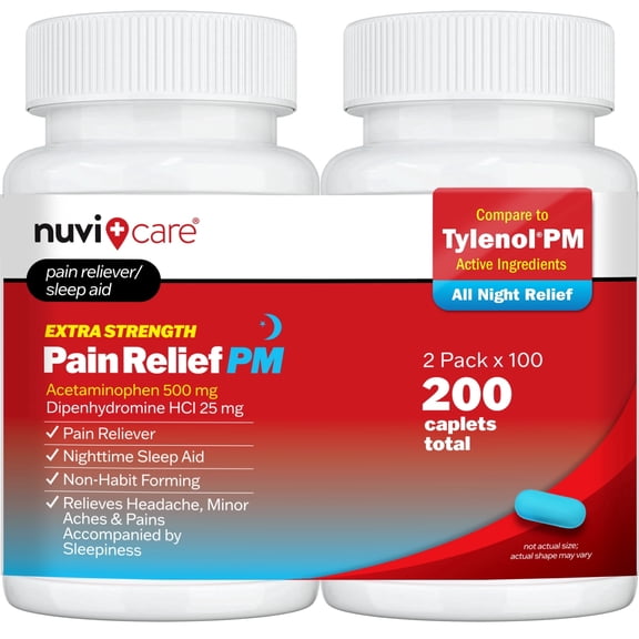 NUVICARE Extra Strength Pain Relief PM - Acetaminophen 500mg & Diphenhydramine 25mg - Compare to Tylenol Extra Strength Sleep Aid - Adult PM Pain Reliever for Nighttime Aches & Pains 2 Pack