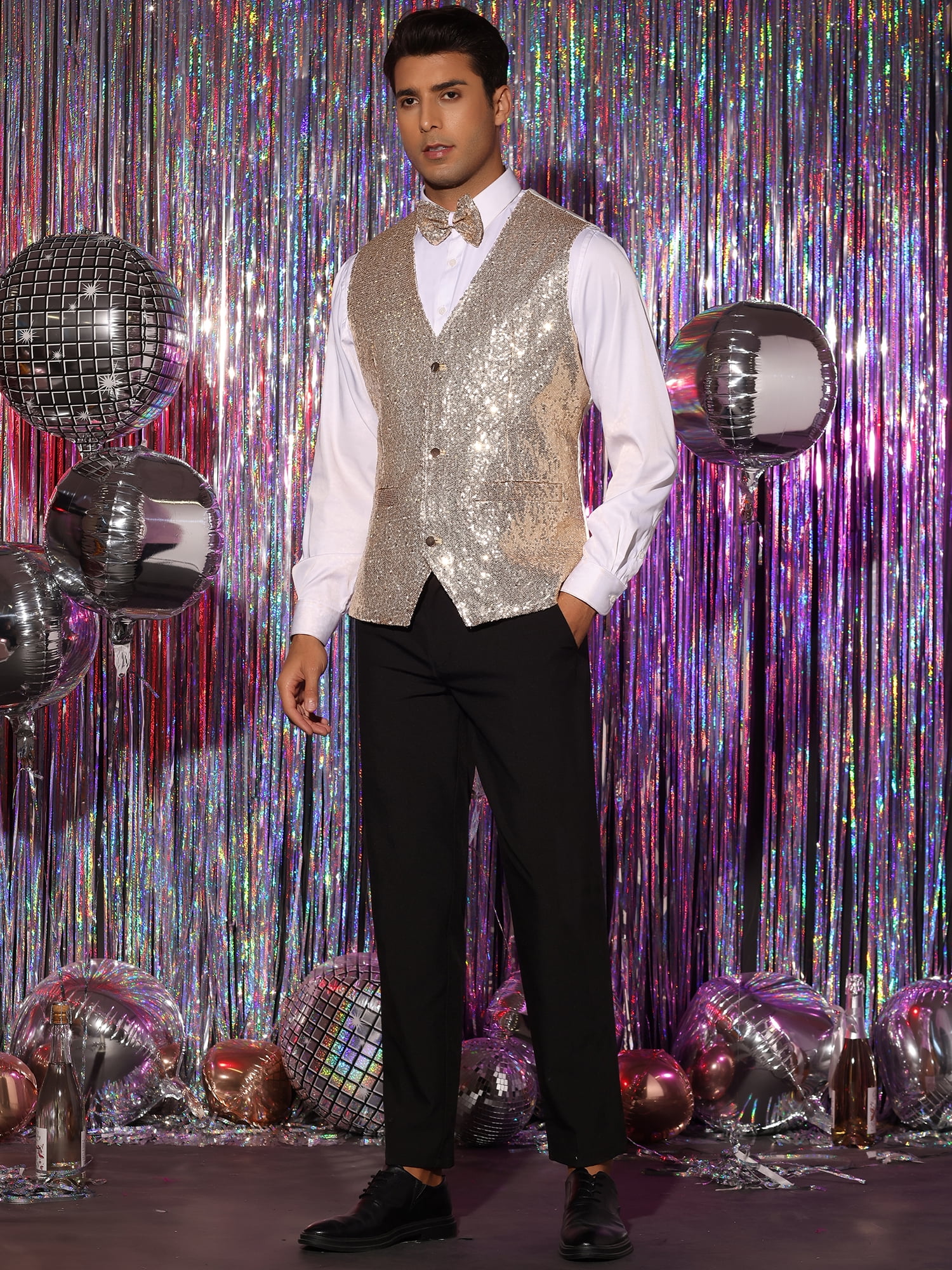 Unique Bargains Men's Sequin Waistcoat Sleeveless Dress Suit Vest with Bow Tie XL Champagne