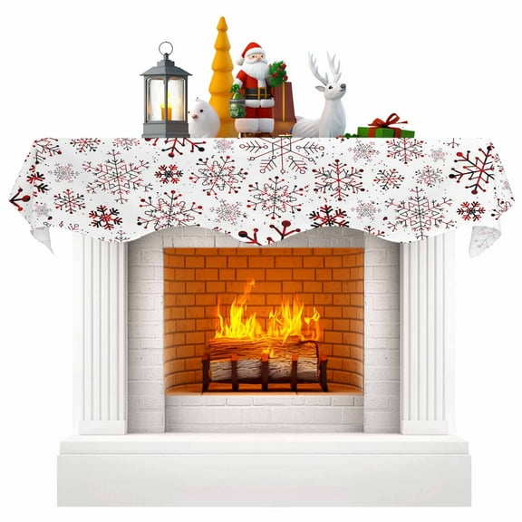 Red Snowflake Christmas Fireplace Mantle Scarf, Xmas Snowflake Mantel Cover Table Runner for Home Living Room Door Window, Indoor Outdoor Holiday Party Decor 17" x 70"