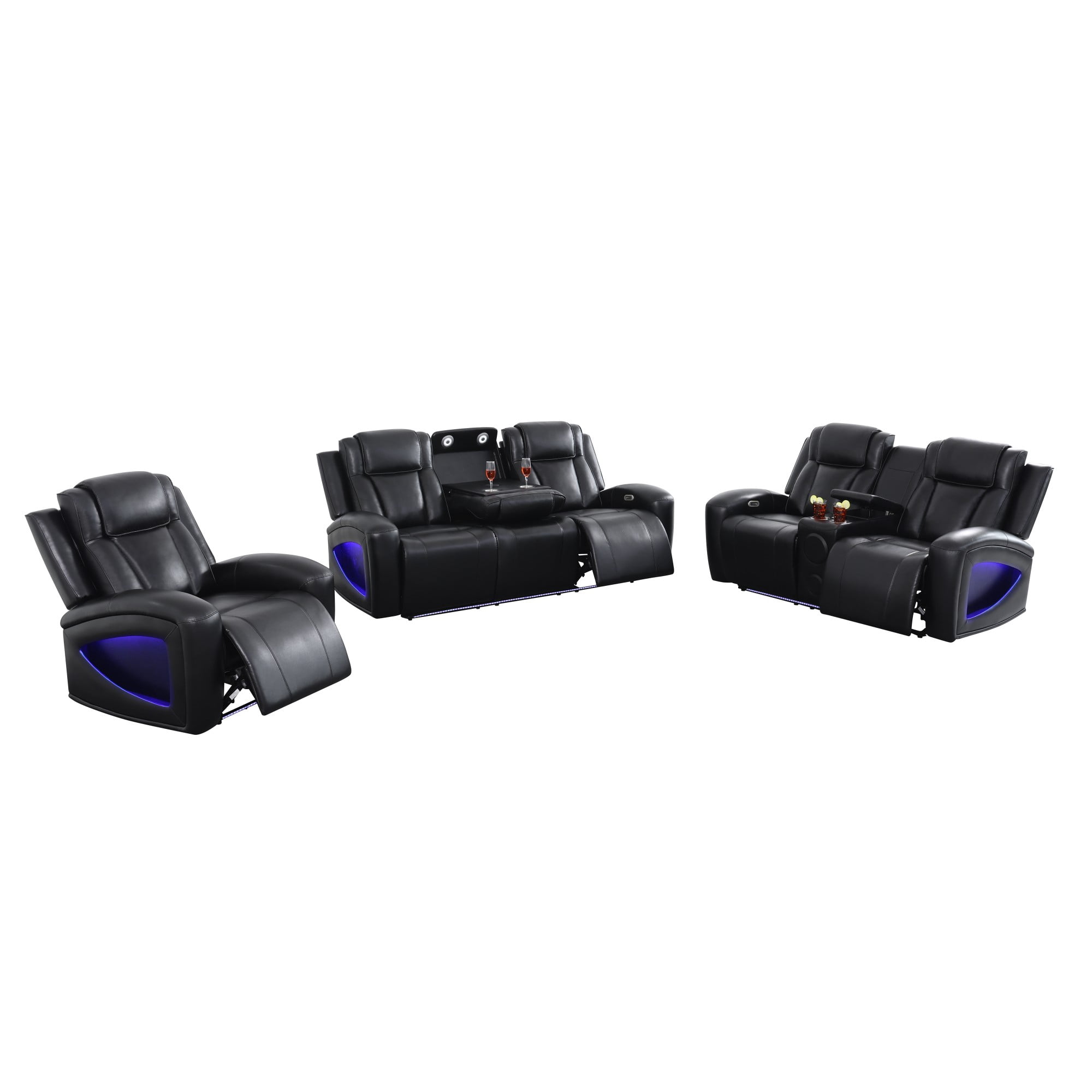 Gewnee 1+2+3 Piece Recliner Sofa Set, Air Leather Smart Sofa with Wireless Charging, Bluetooth Speaker, LED Light, Cup Holders & Storage, Adjustable Recline for Living Room, Black