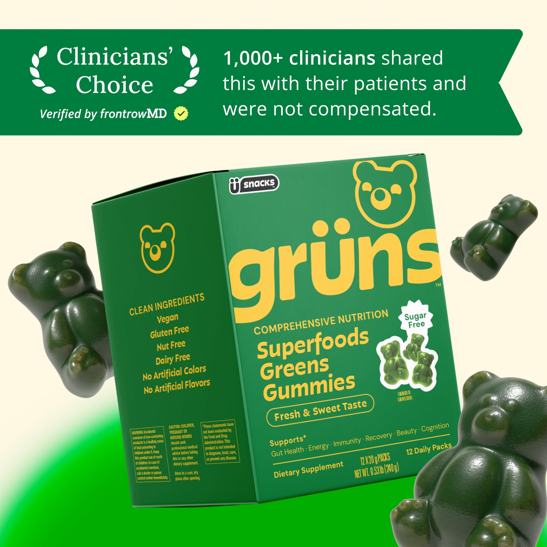 Gruns Sugar Free Superfood Multivitamin Greens Gummies for Adults, 12 Count