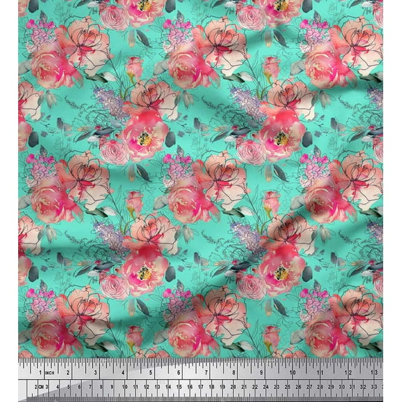 Soimoi Green Cotton Duck Fabric Ranunculus & Roses Floral Printed Craft Fabric by the Yard 44 Inch Wide