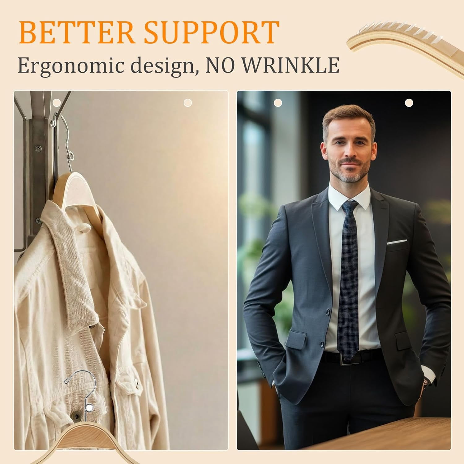 Slim Natural Wood Hangers with 360 Swivel Hook, Vertically Stackable Wooden Hangers with Non-Slip Rubber Grips No Shoulder Bump for Sweater, Camisole, Jacket, Dress, Coat