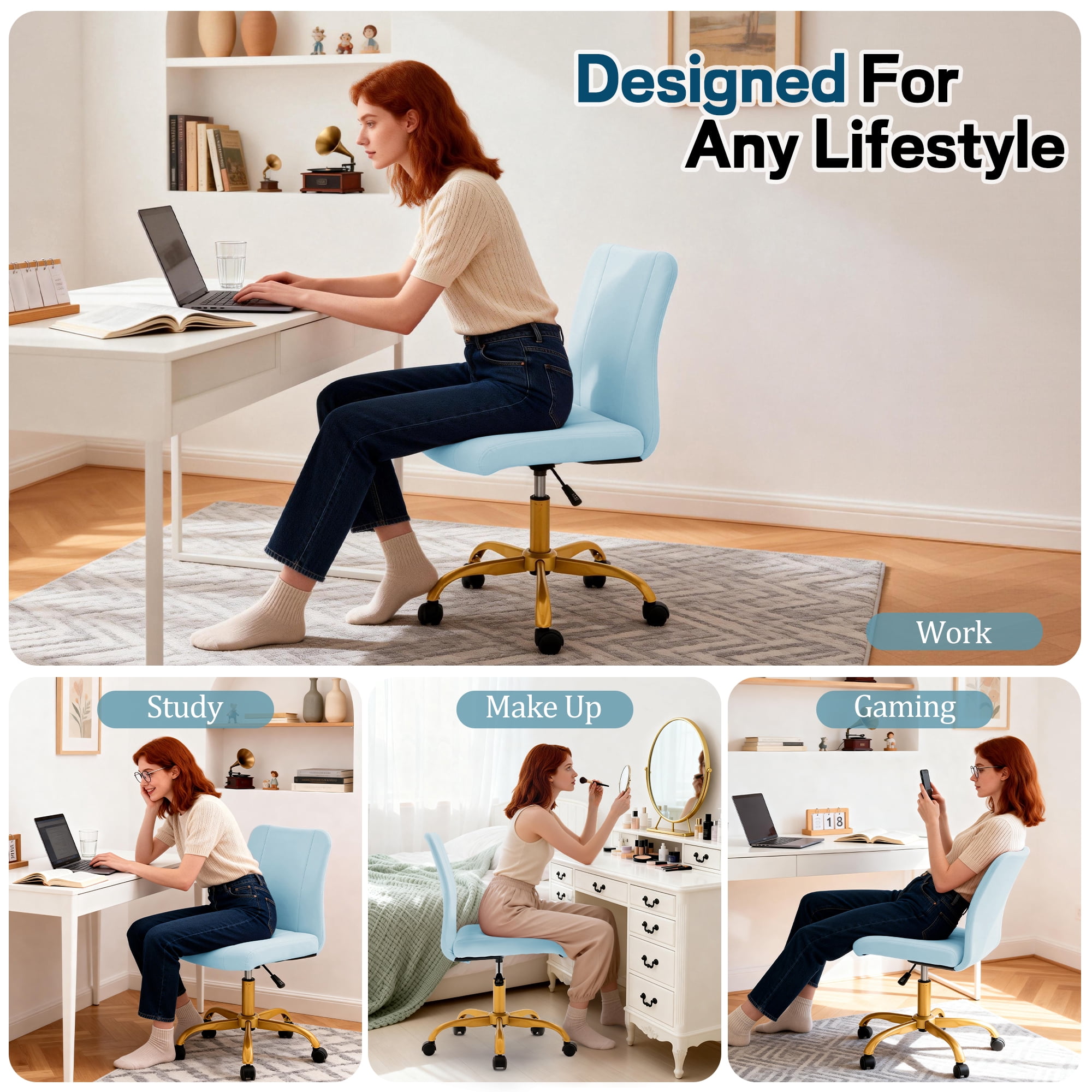 Korser Armless Home Office Desk Chair with Back Modern Vanity Chair with Adjustable Height,360° Swivel Task Chair,Velvet,Blue