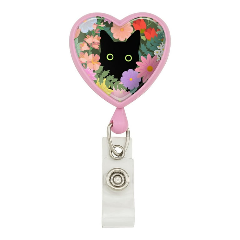 Black Cat Hiding in Spring Flowers Heart Lanyard Retractable Reel Badge ID Card Holder