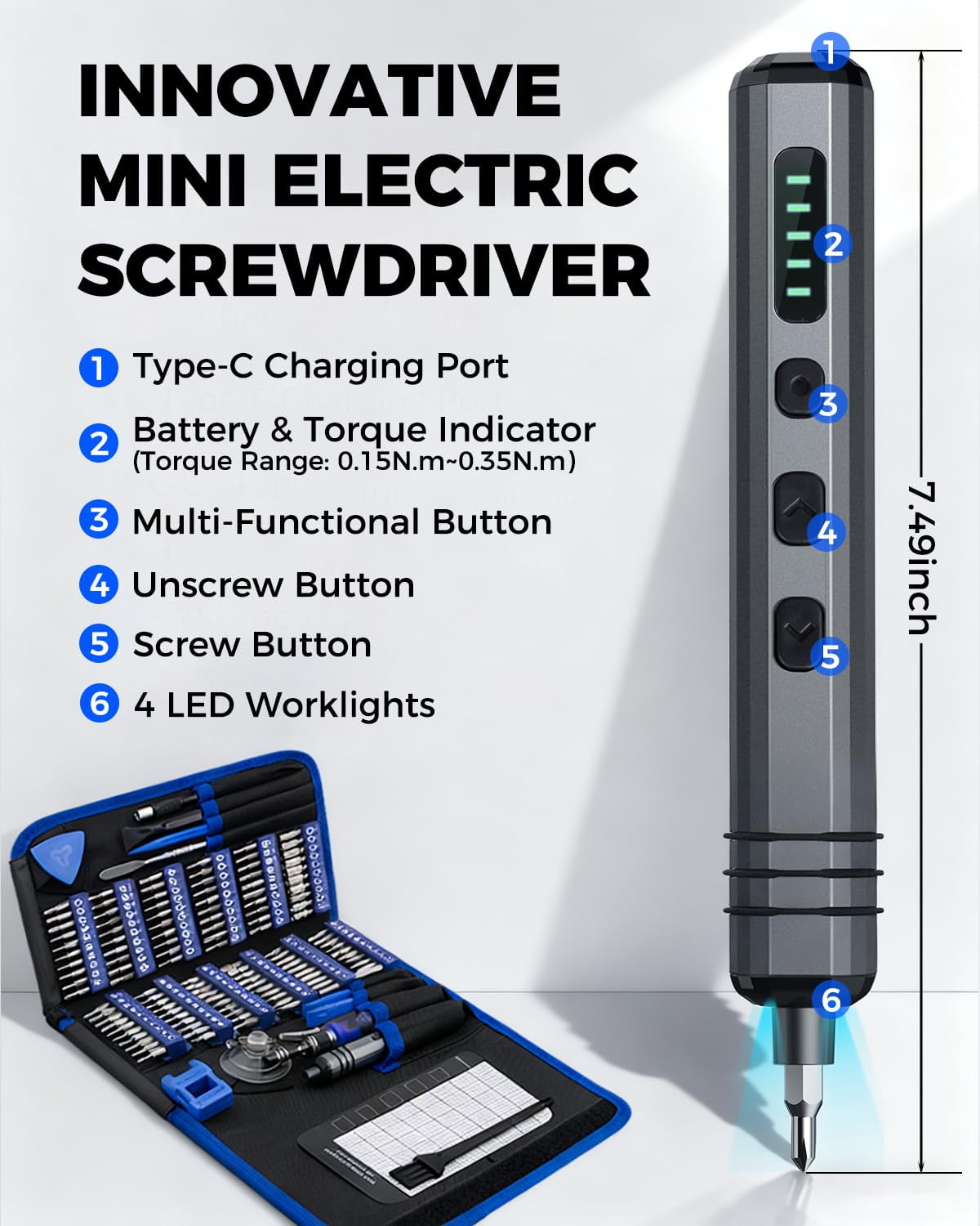 Mini Electric Screwdriver Set 140-in-1:  Small Cordless Electric Screwdriver - 124 Precision Bits, 5 Torque Settings, LED Light, Magnetic Power Screwdriver Repair Tool Kit for PC, RC, and Electronics
