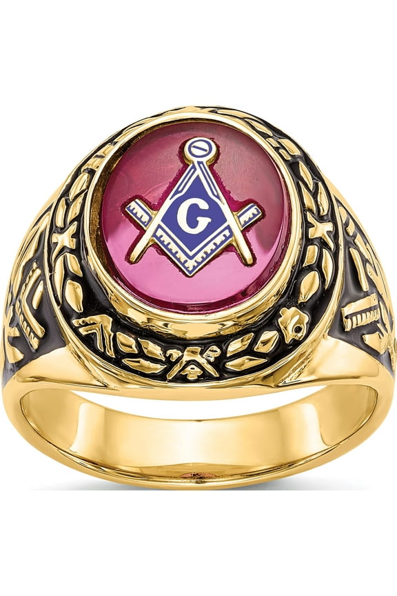 14K Yellow Gold Men's Synthetic Ruby Masonic Ring (Size 10) Made In United States y4072m