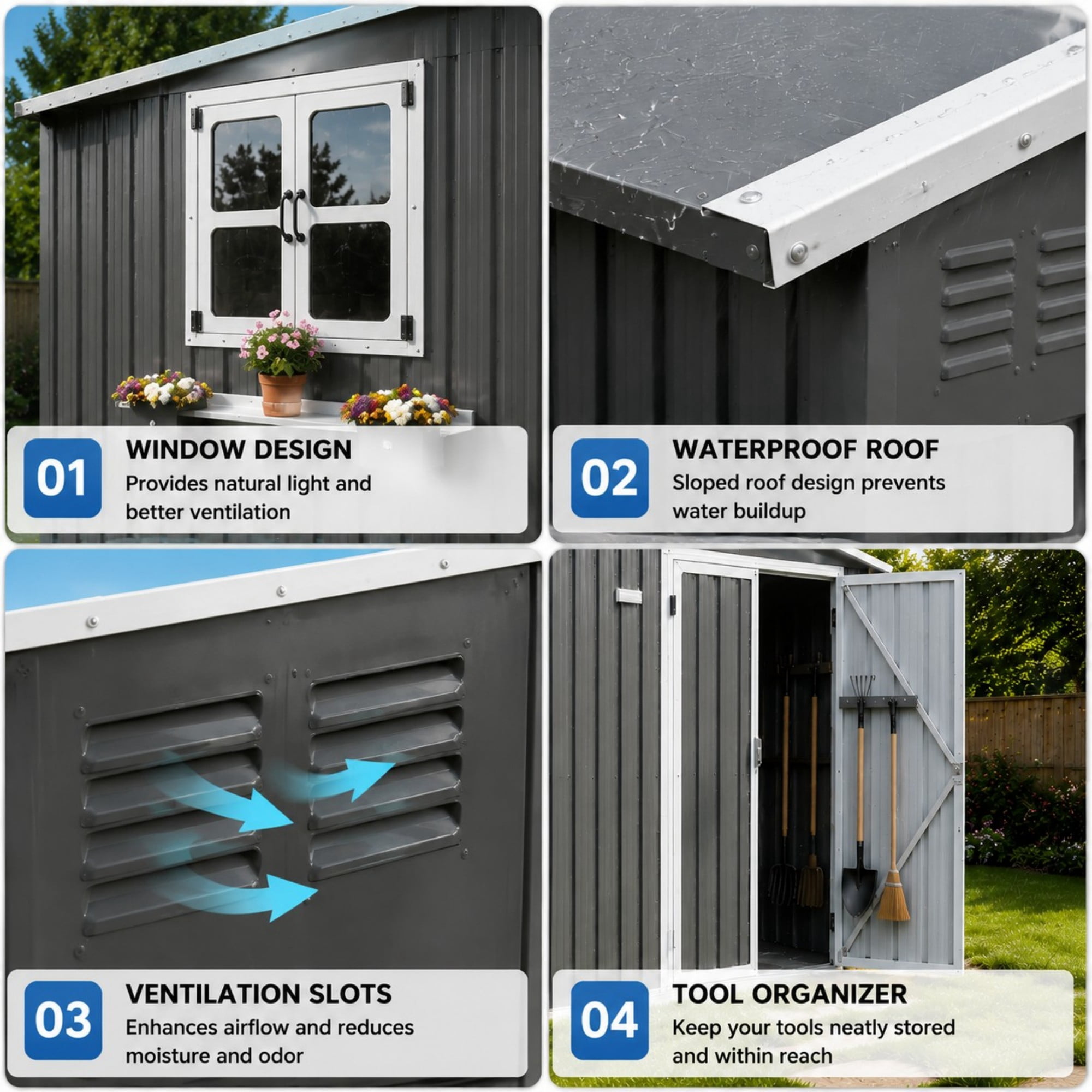 Aukfa 10x8 FT Outdoor Storage Shed with Lockable Doors&Flower Rack, Metal Garden Shed for Bike/Generator/Tool Storage, Gray