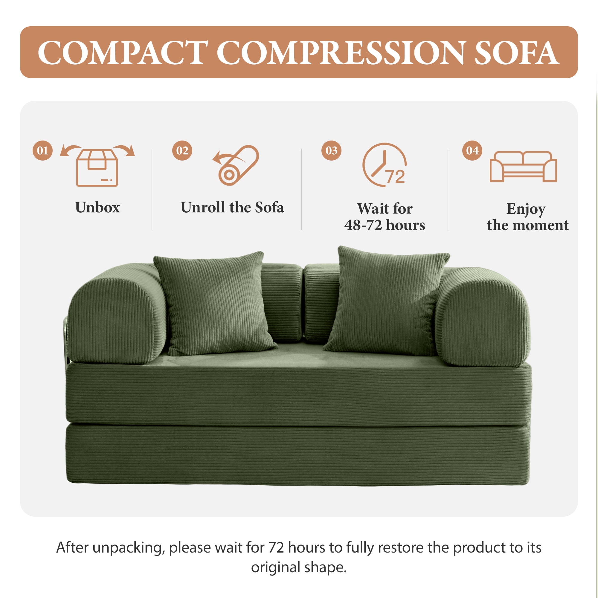 COOLHUT 63" W Combination Sofa, High Rebound Density Sponge Sofa Couch, Two Forms Floor Couch Three Seats Sofa Bed for Living Room, Bedroom, Olive Green