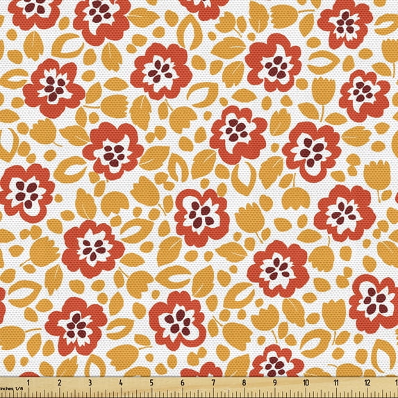 Flower Fabric by the Yard, Floret Designs Wild Floral Petals and Leaves, Decorative Upholstery Fabric for Sofas and Home Accents, Vermilion Marigold by Ambesonne