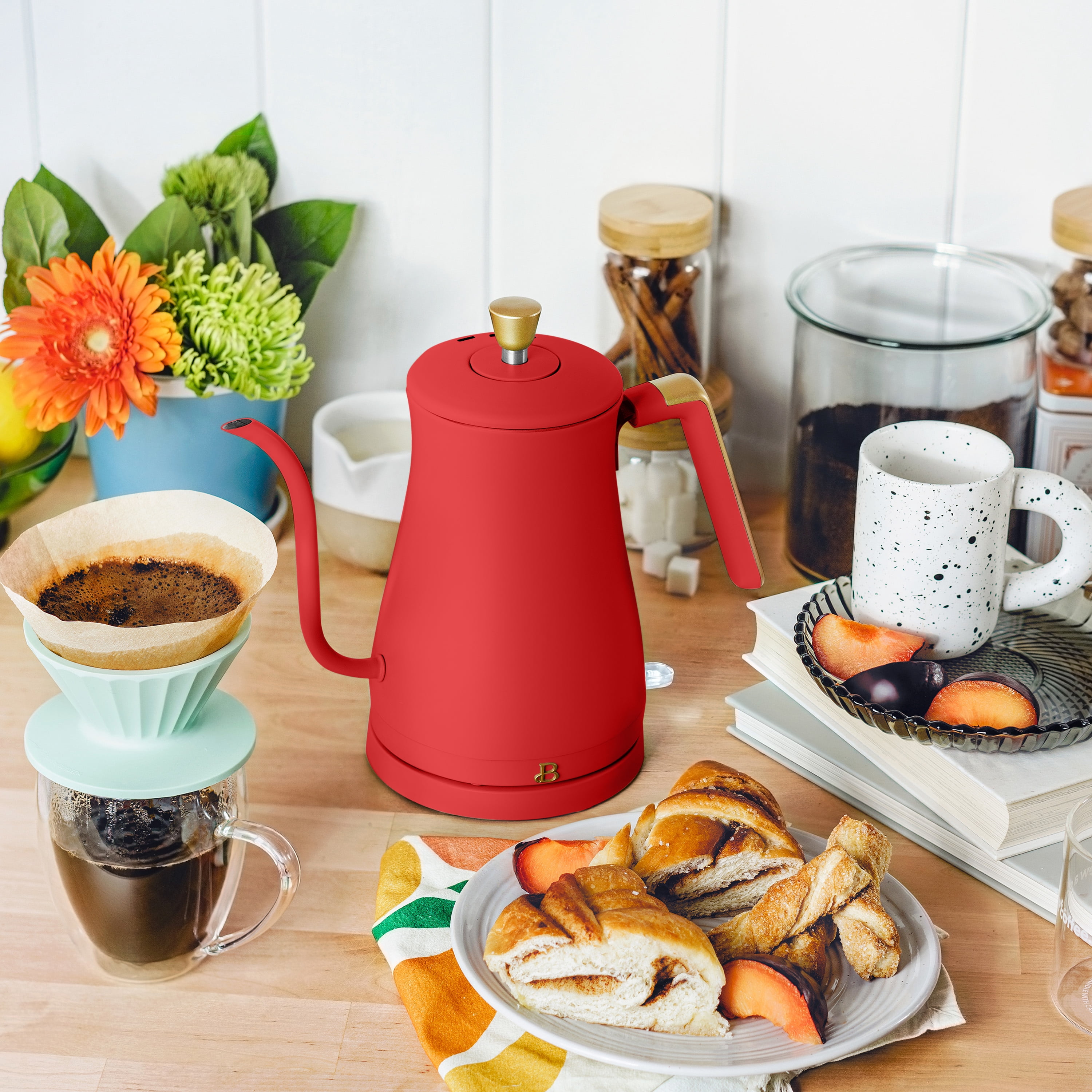 Beautiful 1-Liter Electric Gooseneck Kettle 1200 W, Tomato Red by Drew Barrymore