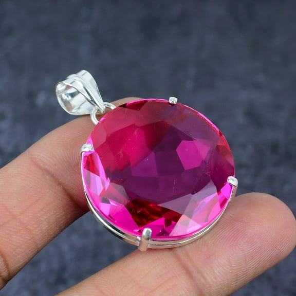 Adidev 30 Carat Pink Tourmaline Gemstone Round Shape Pink Color 925 Sterling Silver Pendant for Women
