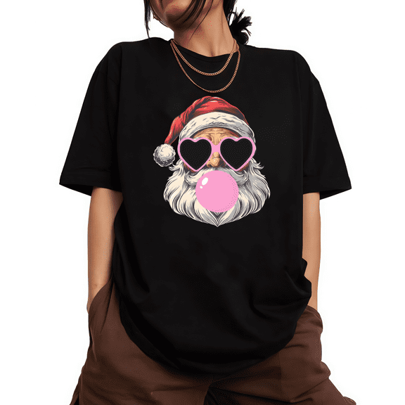 Women Christmas pink cute glasses, bubble-blowing Santa Claus, round-neck short-sleeved comfortable black S-5XL
