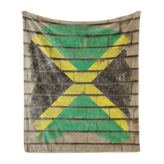 Jamaican Soft Flannel Fleece Blanket, Flag on the Wall Illustration with Chalk Effect Old Bricks Grunge Design Caribbean, Cozy Plush for Indoor and Outdoor Use, 50" x 60", Multicolor, by Ambesonne