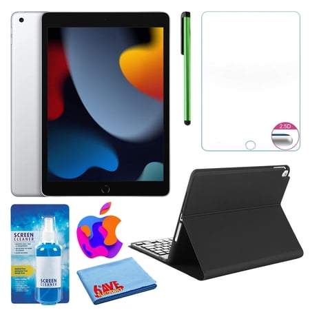 Apple 10.2" iPad (2021, 256GB, Wi-Fi + Cellular, Silver) (MK6A3LL/A) Bundle with Black Keyboard Case & Screen Protector