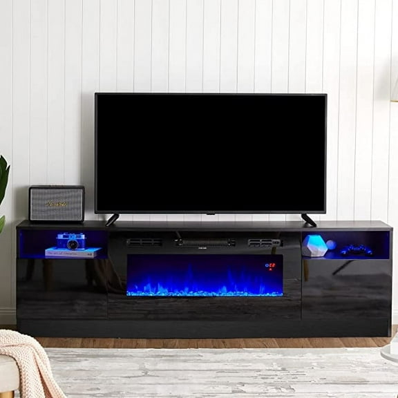 Merluxy Fireplace TV Stand with 36" Fireplace, LED Light Entertainment Center, Modern Wood Texture Storage Cabinet for TVs up to 80", 70"es, Black