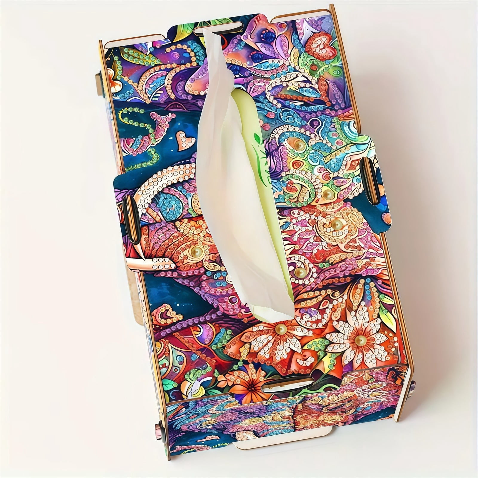 FLOPESN DIY Diamond Art Painting Wooden Assembly Paper Box, 8.86*5.31in, Creative Design Table Decor Rectangular Paper Towel Storage Box-Colorful Patterns