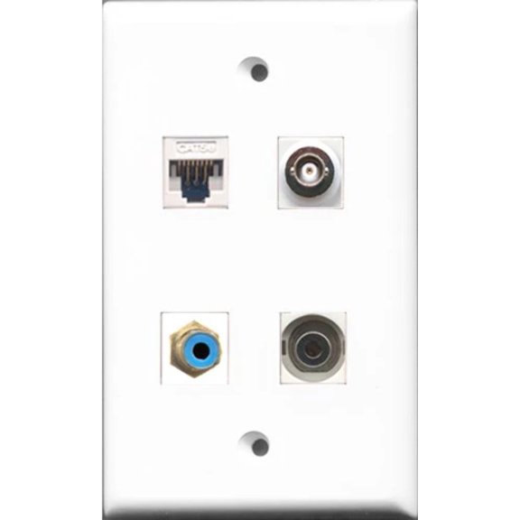 RiteAV - 1 Port RCA Blue and 1 Port 3.5mm and 1 Port BNC and 1 Port Cat5e Ethernet White Wall Plate