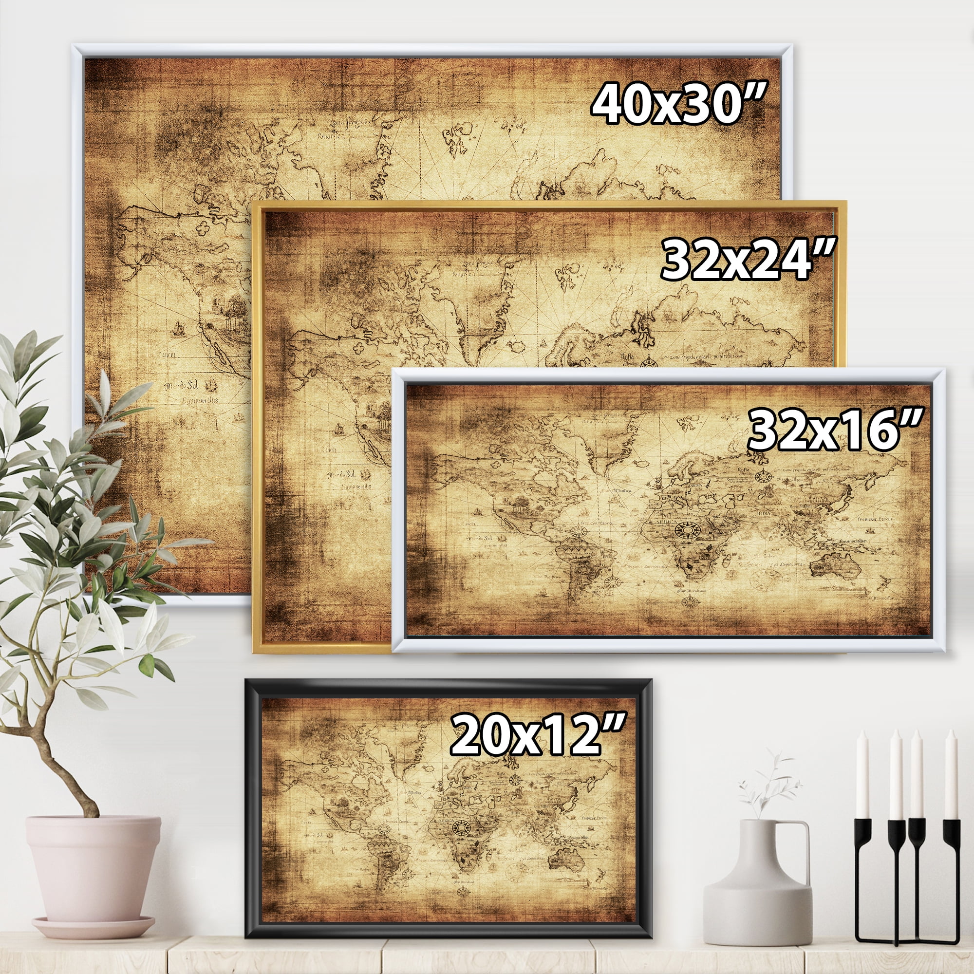 Designart 'Ancient World Map IV' Vintage Framed Canvas Wall Art Print