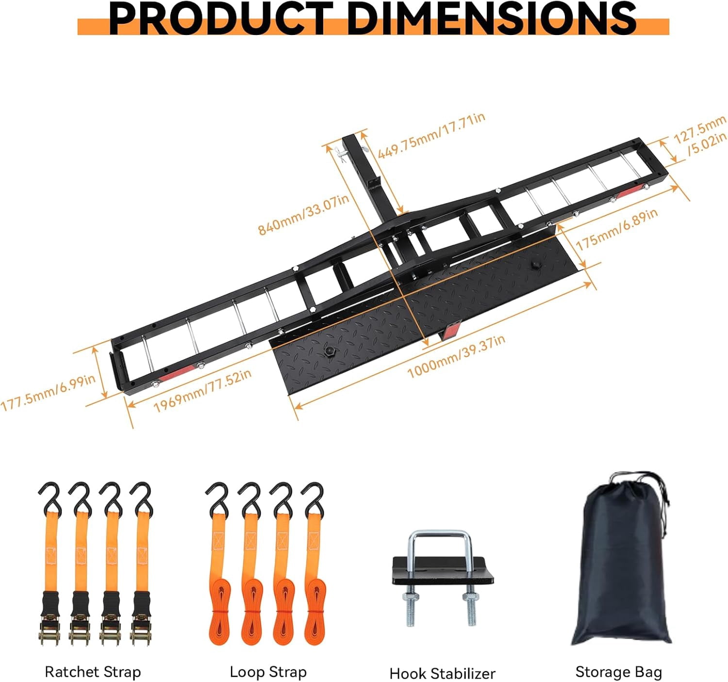 Yesurprise 500LBS Motorcycle Hitch Carrier, Heavy Duty Steel Dirt Bike Hitch Hauler with Tie-Down Straps & Hitch Tightener, 2" Receiver, 5" Wide Tire