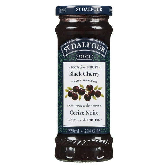 St. Dalfour Black Cherry Spread, St. Dalfour Black Cherry Spread is a rich, all-natural fruit spread made with premium black cherries and sweetened only with fruit juice concentrate. With no added sugar, artificial flavors, or preservatives, it delivers pure, delicious flavor. Perfect for toast, pastries, and more. Made in France.