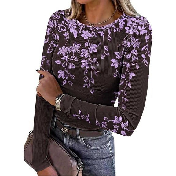 EchfiProm Womens Tops Ribbed Fall Slim Long Sleeve Purple Floral Crew Neck T-Shirt for Ladies