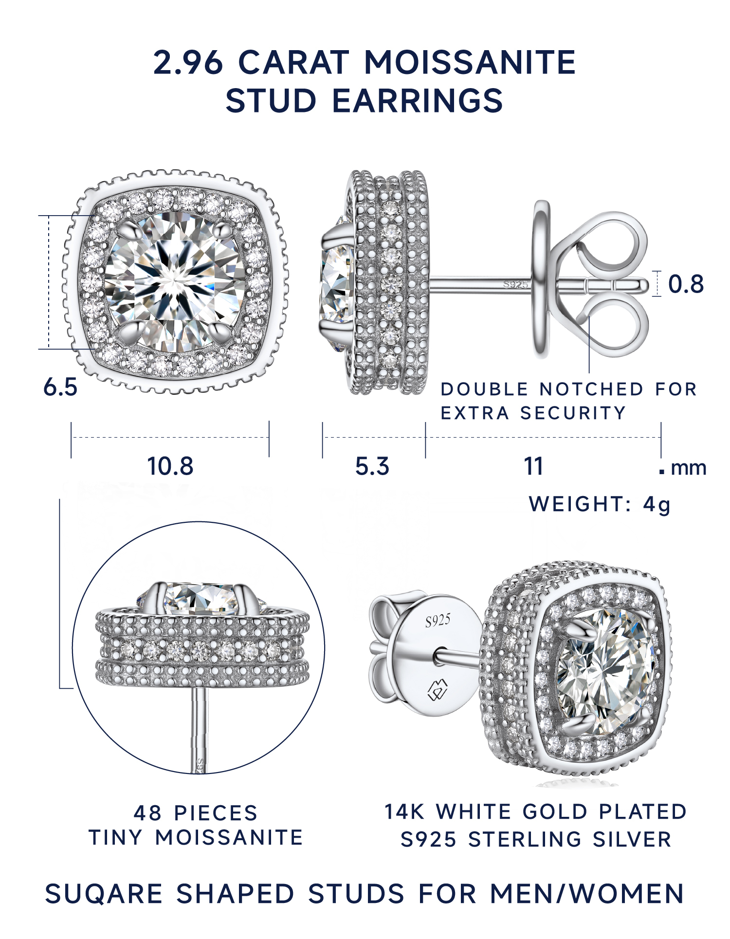MomentWish Moissanite Stud Earrings for Women, D color VVS1 Simulated Diamond Earring S925 Sterling Silver Gift for Girlfriend, Wife