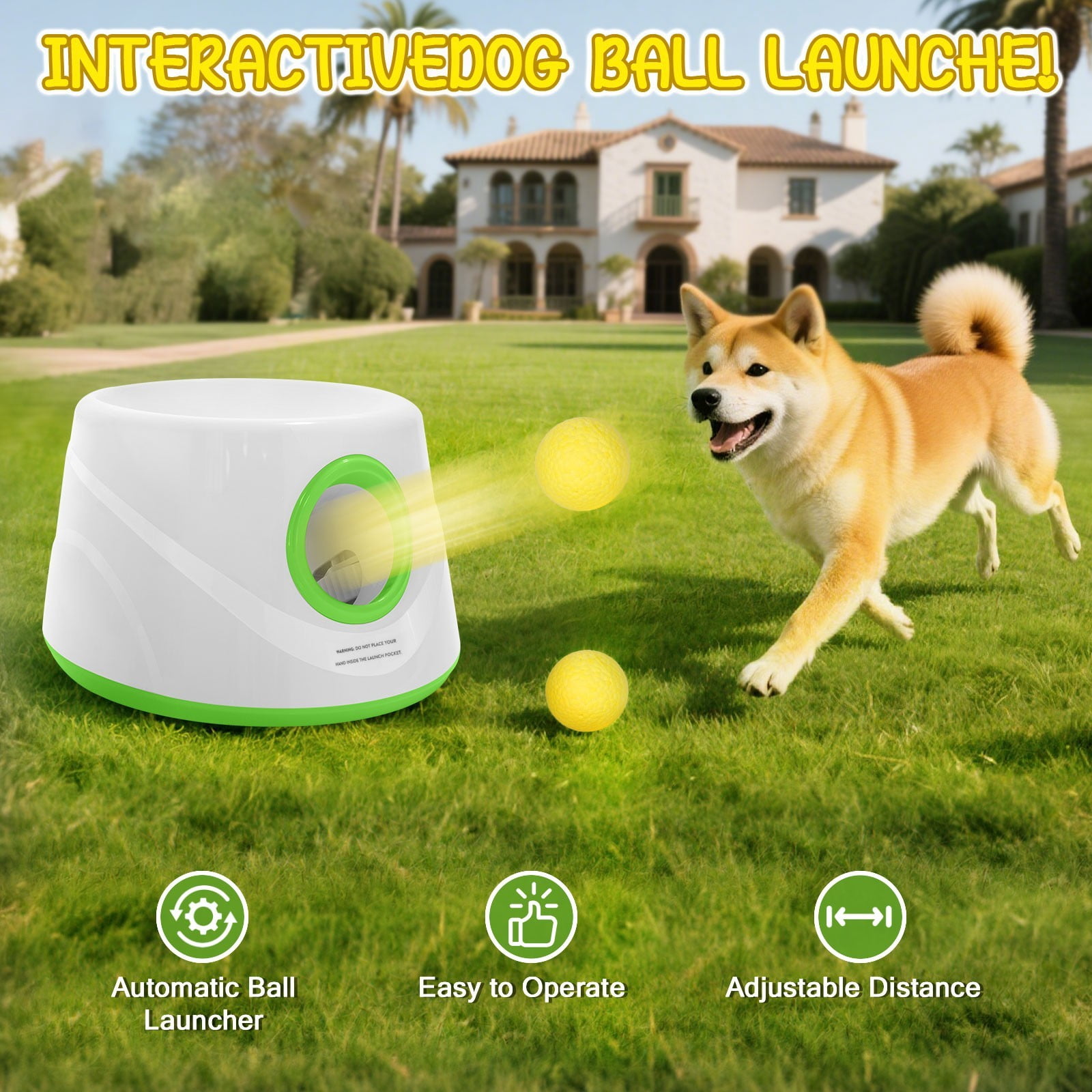 CJC Dog Ball Thrower Dog Automatic Ball Launcher for Dogs, 3 Adjustable Distances, 5 Balls Included – Interactive Fetch Toy for Indoor & Outdoor Play (Green)