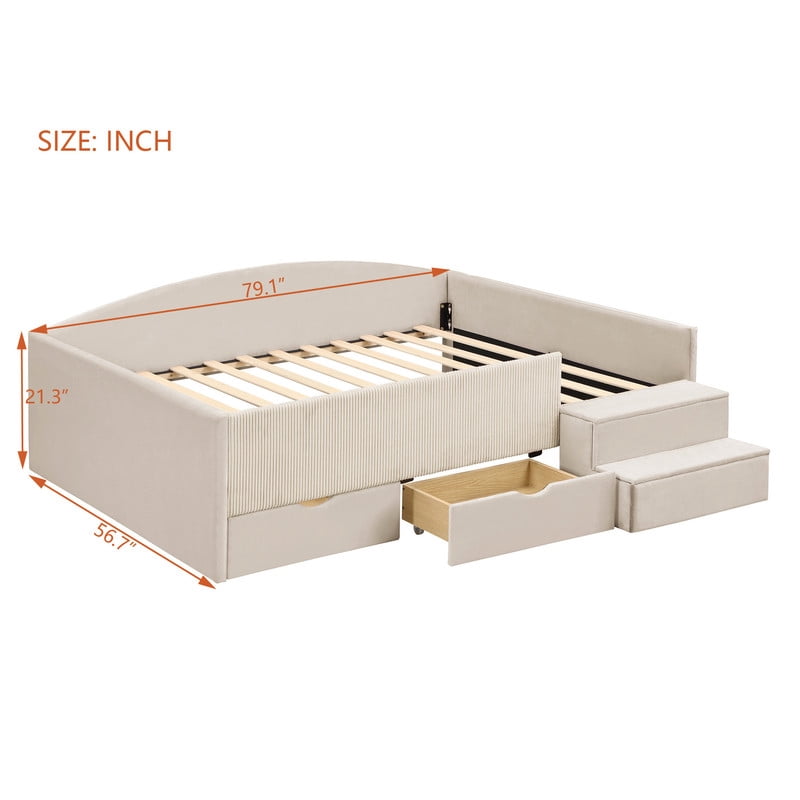 Full Size Kids Daybed Frame with Small Stair & 2 Storage Drawers, Velvet+Corduroy Dual Upholstered Accent Platform Bed