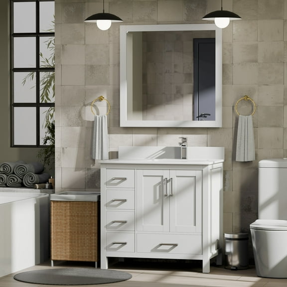 Jacques 36 in W White Bath Vanity, White Quartz Top, Faucet Set, & 34 in Mirrors Mirror