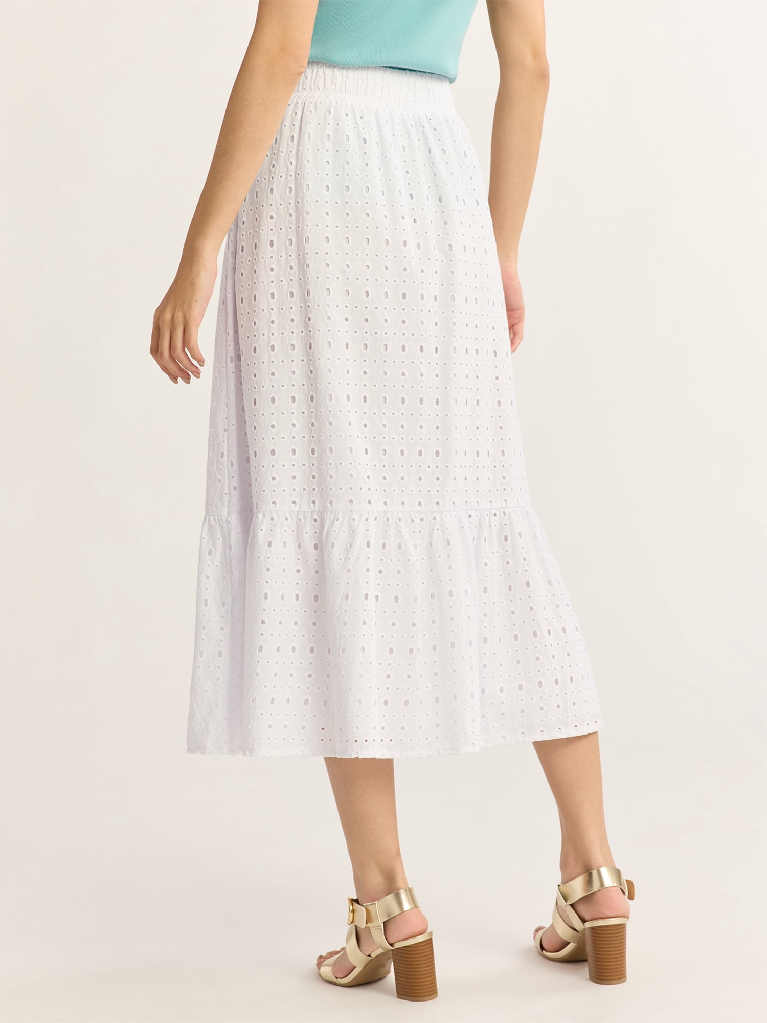 Time and Tru Woman's Cotton Eyelet Tiered Midi Skirt with Elastic Waistband, Sizes XS-XXXL