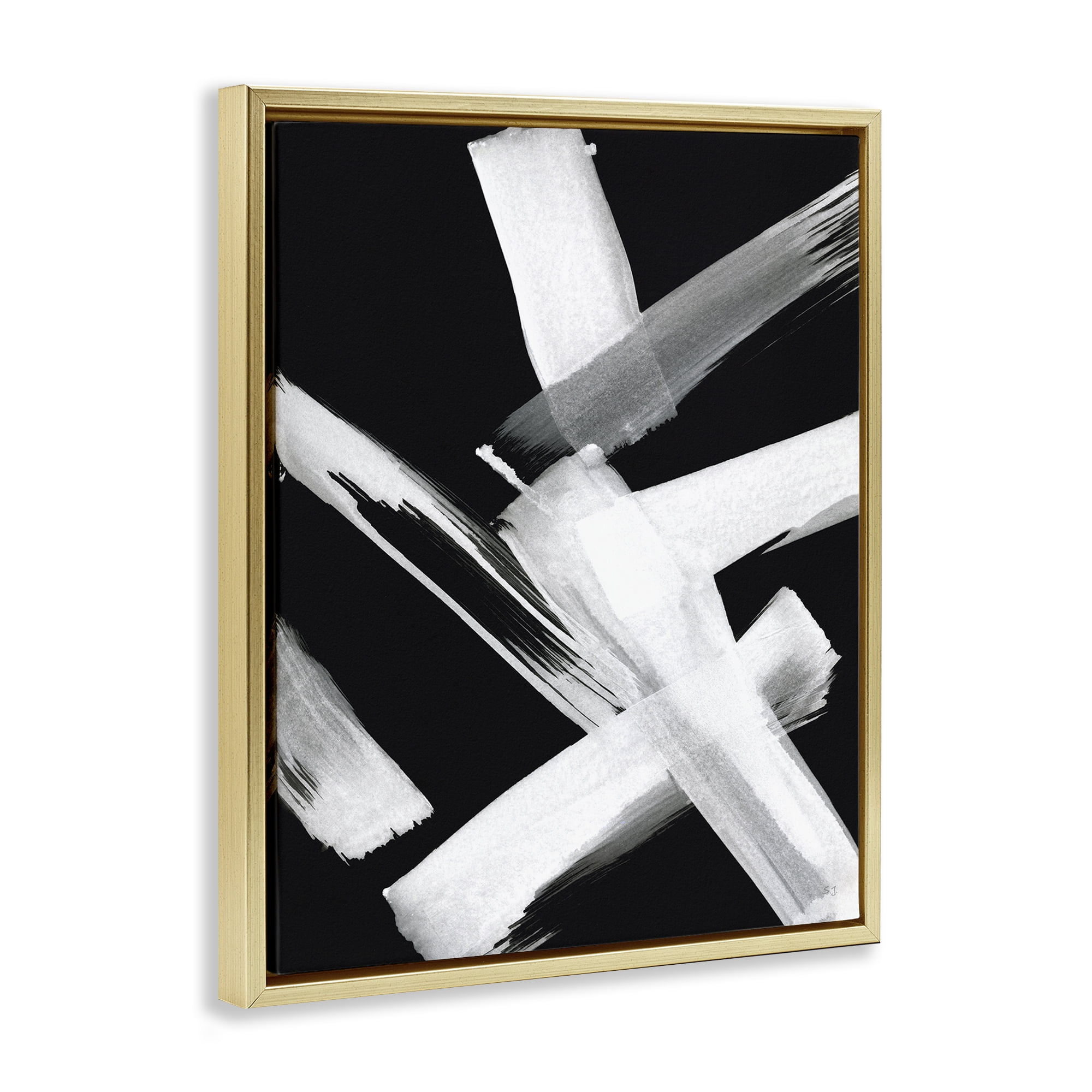 Stupell Industries Brushstrokes on Black Abstract Painting Gold Floater Framed Canvas Art Print Wall Art, 17 x 21