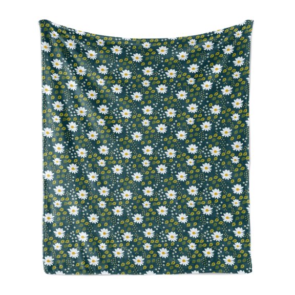 Daisy Soft Flannel Fleece Throw Blanket, Feminine Natural Ornament in Style Spring Season Chamomiles, Cozy Plush for Indoor and Outdoor Use, 50" x 60", Petrol Blue White, by Ambesonne