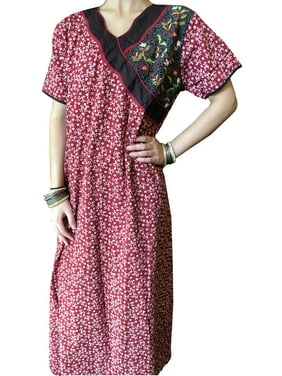 Mogul Women Maxi Dress, Caftan Dress, Nightwear Red Floral Embroidered Sleepwear, Cotton Printed House Dress Holiday Evening Dresses ML