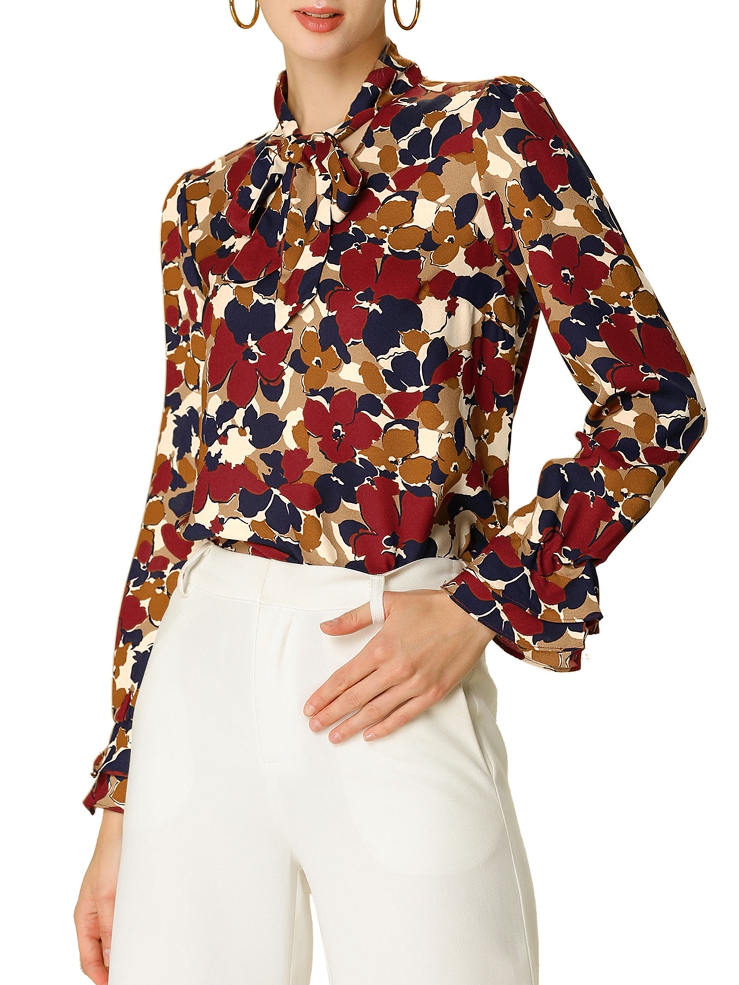 DARING DIVA Women's Tie V Neck Floral Shirt Trumpet Blouse L Red