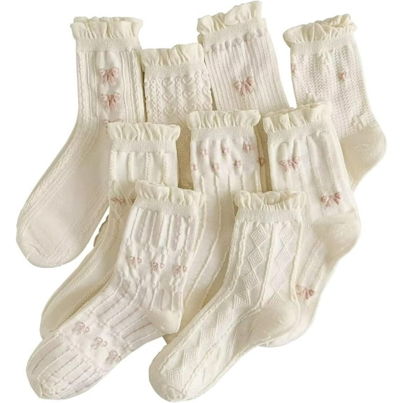 CoCozhu Women's Cute Vintage Floral Patterned Cotton Crew Socks Teen Girls Pretty Ruffle Frilly Lace Socks