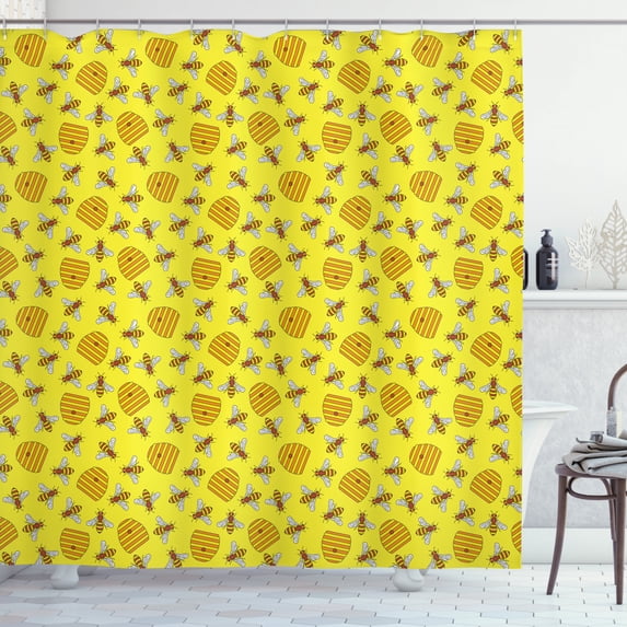 Bee Shower Curtain, Beekeeping Beeswax Vespiary Concept Print with Bees and Honeycombs in Nature Elements, Fabric Bathroom Set with Hooks, 69W X 84L Inches Extra Long, Multicolor, by Ambesonne