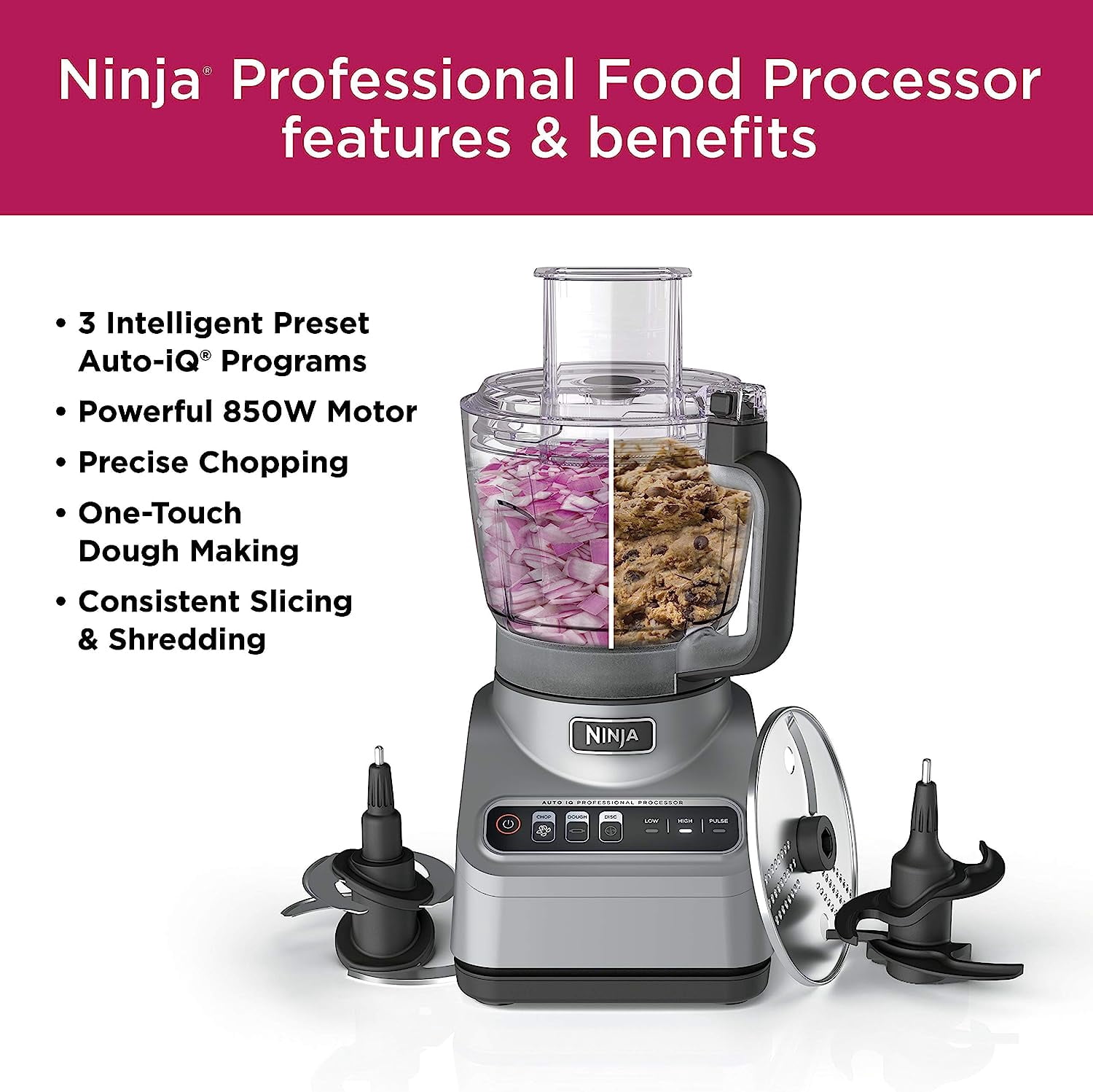 Restored Ninja BN600 Professional Plus Food Processor, 850 Watts, 3 Functions for Chopping, Slicing & Dough with 9-Cup Processor Bowl, 3 Blades, Food Chute & Pusher, Silver (Refurbished)