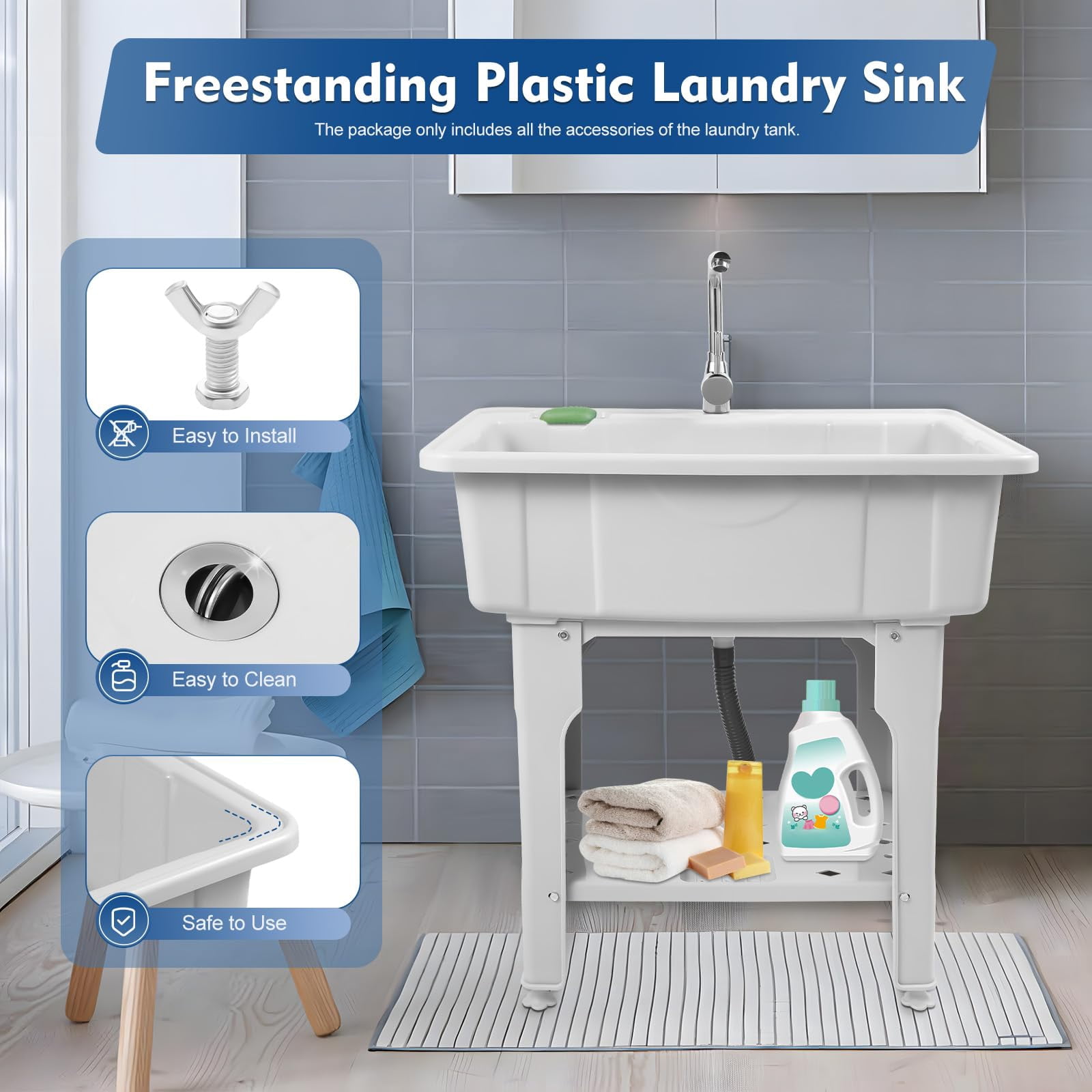 Miumaeov Laundry Sink Freestanding, Plastic Utility Sink with Washboard, Lavadero Portable Tub, Laundry Tub for Basement Garage, Garden Sink with Faucet Drain Kit