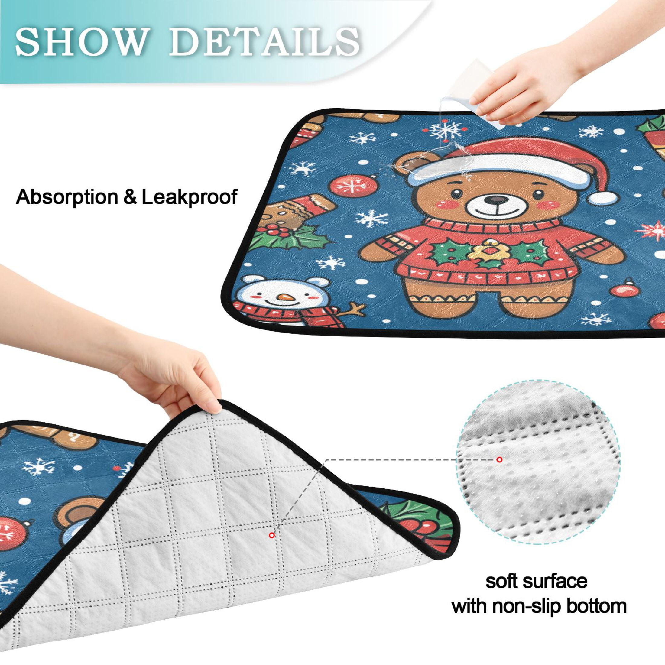Qxltty Seamless Pattern Of A Christmas Bear and Decorations Cat litter Pads Pet Set of 3 Diaper Mats Center Anti-leakage Layer Absorbent Soft and Comfortable