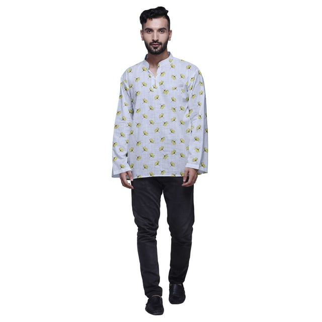 Atasi Button Placket Cotton Mens Kurta Shirt Printed Short Casual Kurta Shirt