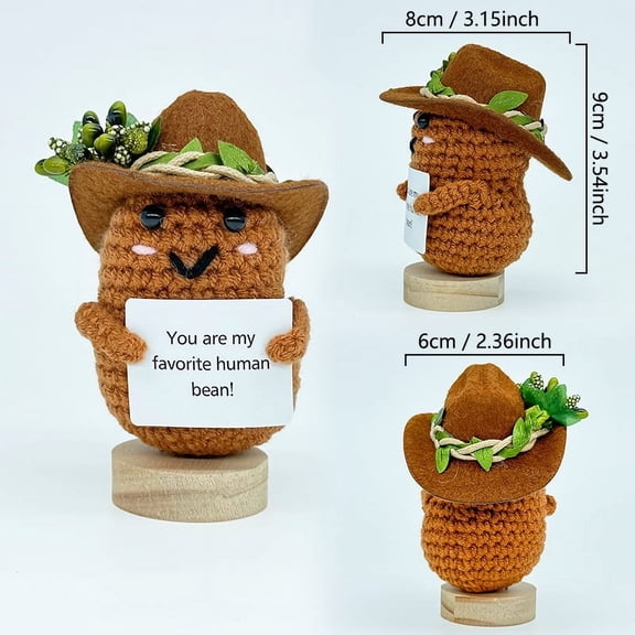 Handmade Positive Cowboy Hat Potato Gifts Funny Crochet Potato Knitted Doll with Positive Card, Mini Creative Small Gifts for Friends, Family, Party Decoration Encouragement(with base)
