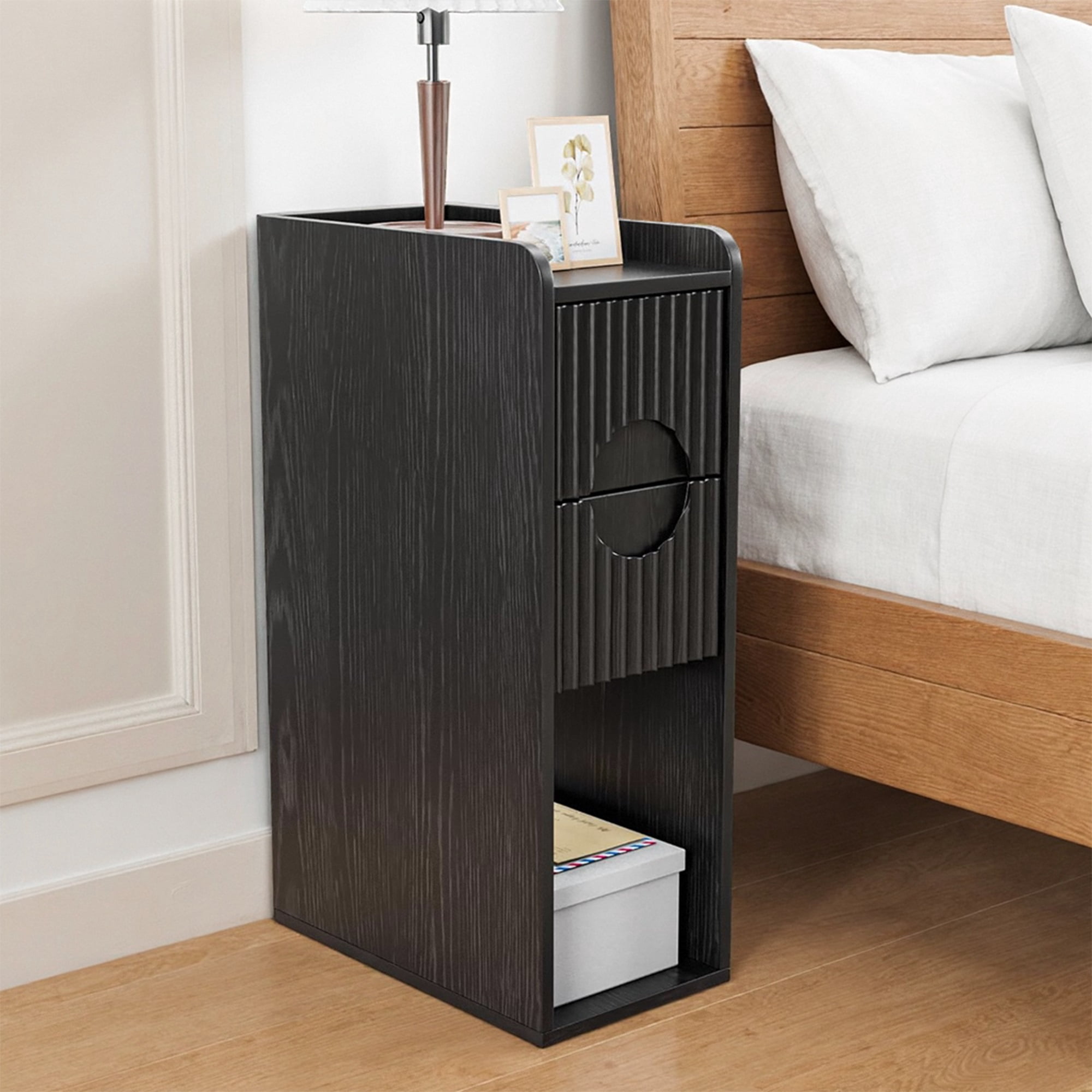 End Tables Set of 2, Small Side Table, Slim Side Table, Wood 2 Drawer Narrow Nightstand