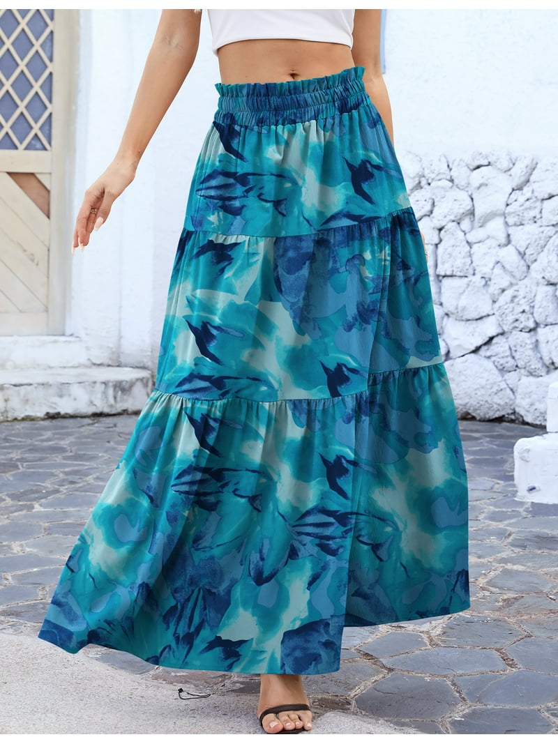 a.Jesdani Womens Skirts Casual High Waist Ruffle Swing Beach Maxi