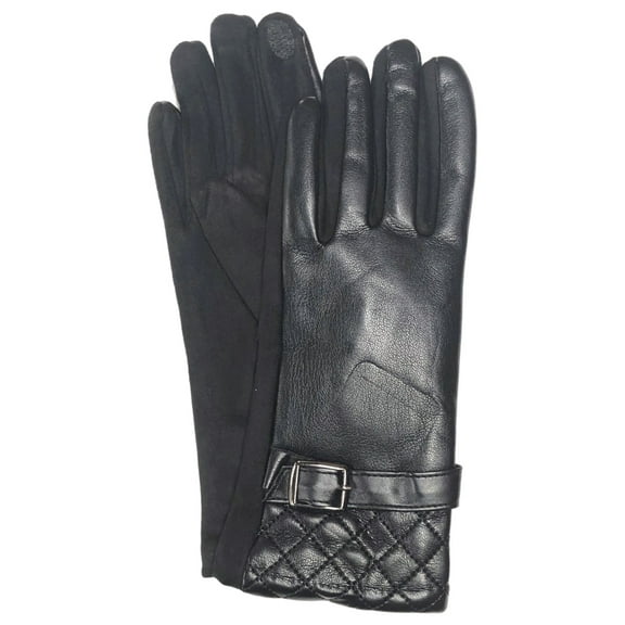 Womens Quilted Black Vegan Leather Stretch Fit Texting & Tech Touchscreen Gloves