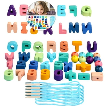 WNFJR Wooden Lacing Beads, Alphabet Letters Numbers Threading String Toys Preschool Fine Motor Skills Toy for Kids Boys Girls