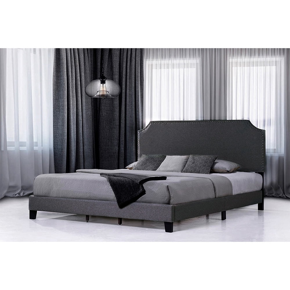 Kepooman Upholstered Platform Bed Frame with Light Grey Fabric Nailhead Trim Headboard and Wood Slats - King Size - Dark Grey Kepooman Upholstered Platform Bed Frame with Light Grey Fabric Nailhead Trim Headboard and Wood Slats - King Size - Dark Grey