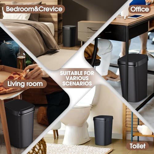 3 Pack Slim Bathroom Trash Can, 10L/2.6 Gal with Press Top and Pop-up Lid, Plastic Wastebasket for Toilet, Office, Bedroom (Black)