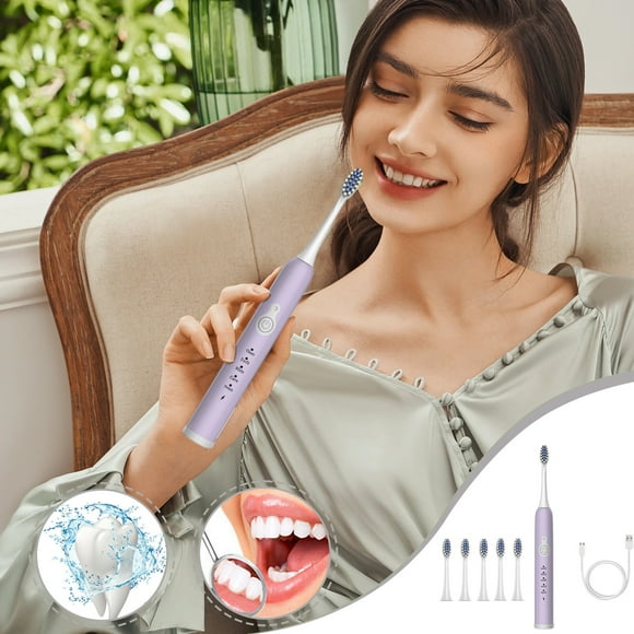 Xihbxyly Cepillo de Dientes Eléctrico, 5 Modos de Limpieza, 6 Cabezales de Repuesto, Recargable Por Usb, Carga Rápida, Resistente Al Agua Ipx7, Elimina Manchas Eficazmente, Ideal para Viajes, Blanco,